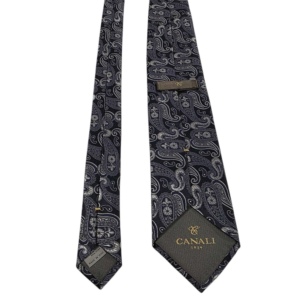 CANALI Paisley Silk Tie Black Silver Made in‎ Italy Men's Formal Luxury Power - Picture 9 of 12